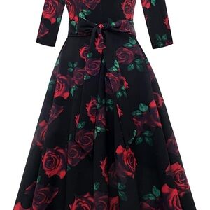 Elegant Black and Red Floral Dress